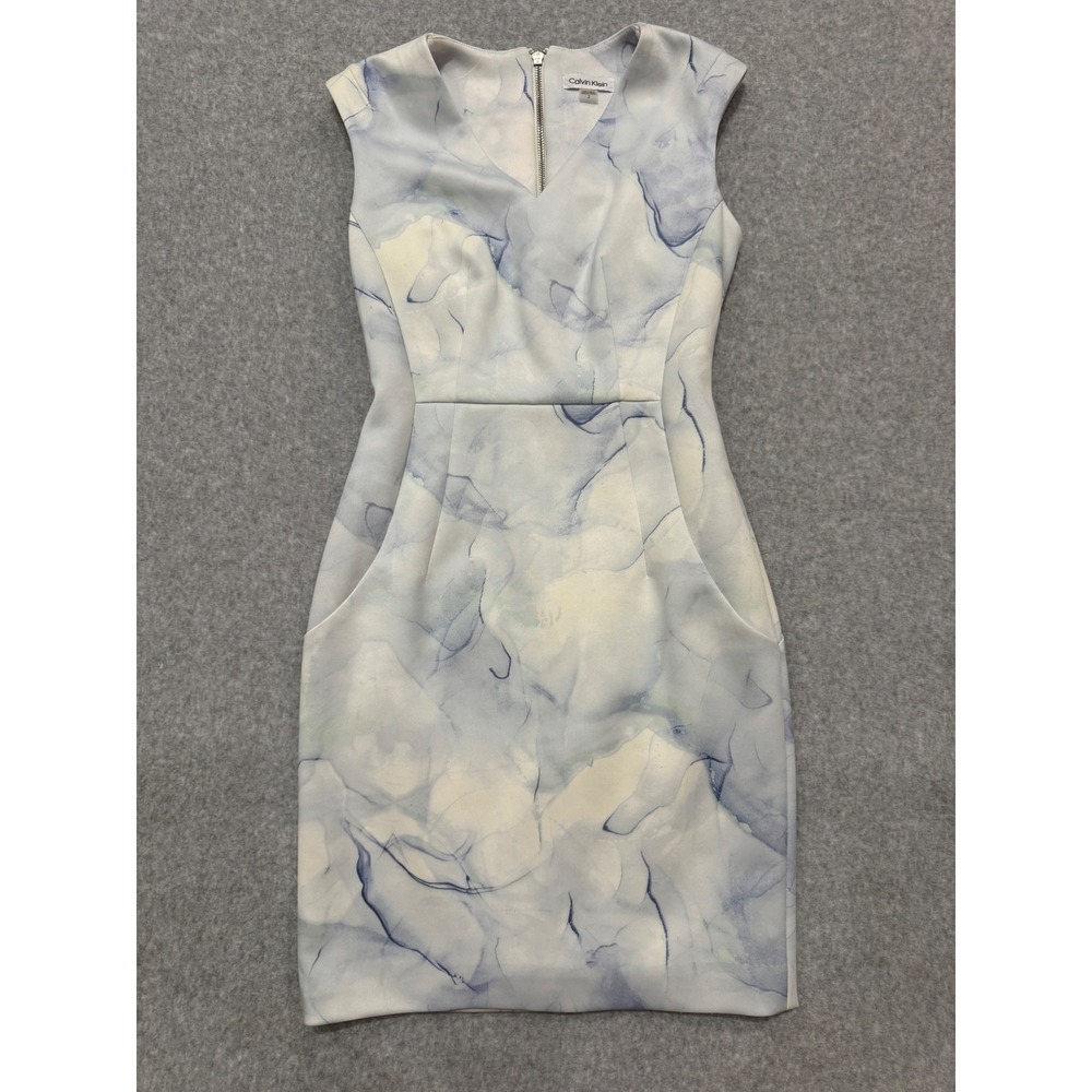 Calvin Klein Blue White Abstract Marble Print Sheath Dress Size 2 V-Neck Pockets